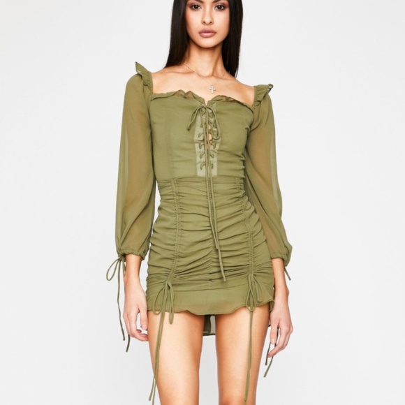 Army Green Elf Ruched Club Mini dress Y2K - Picture 1 of 4